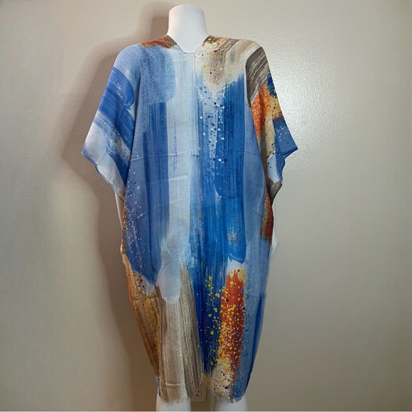 Blue multi raw hem split sides kimono cover up - Picture 2 of 10